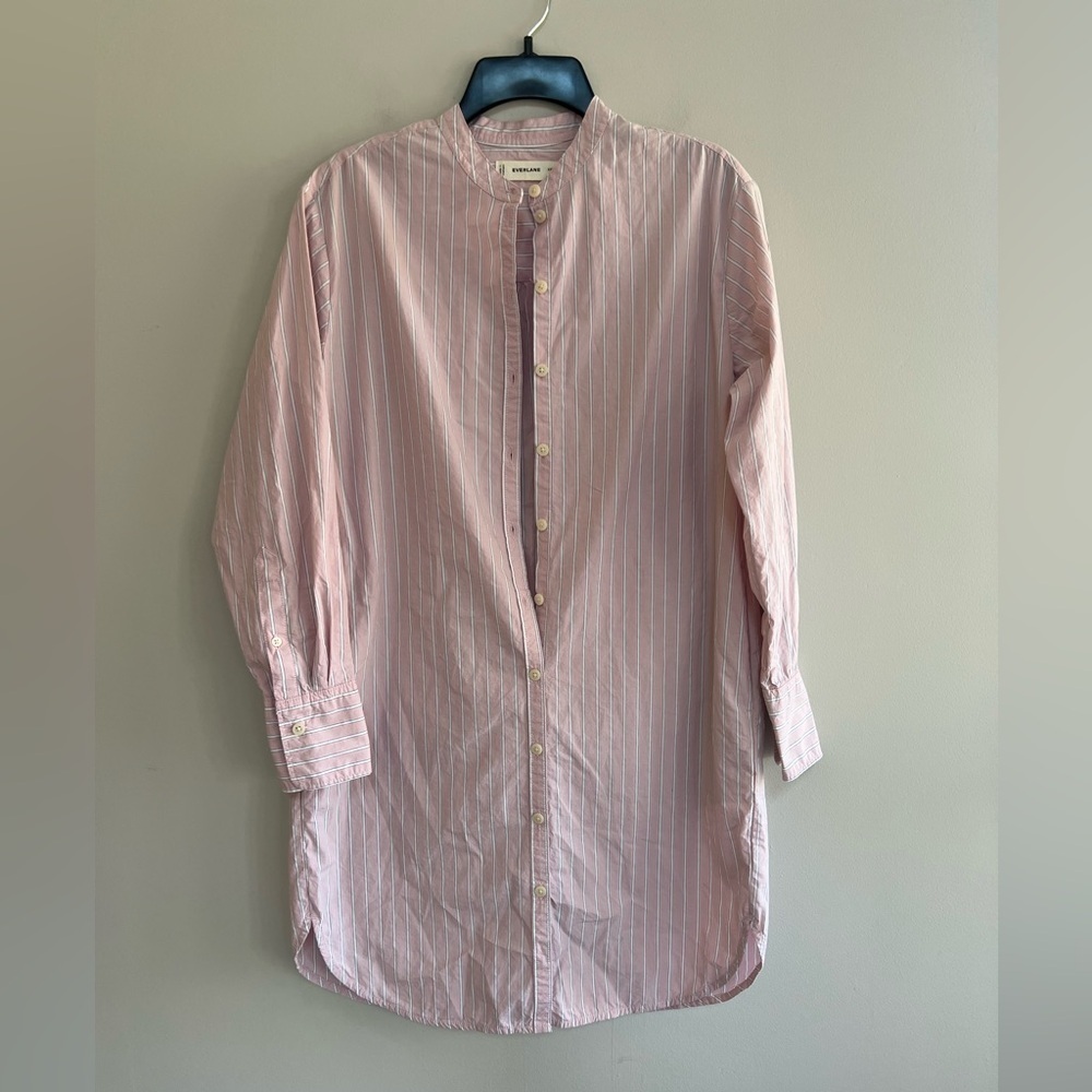 Everlane Relaxed Striped Shirt Dress in Ultrasoft Cotton, Pink/White, XXS - Picture 2 of 12